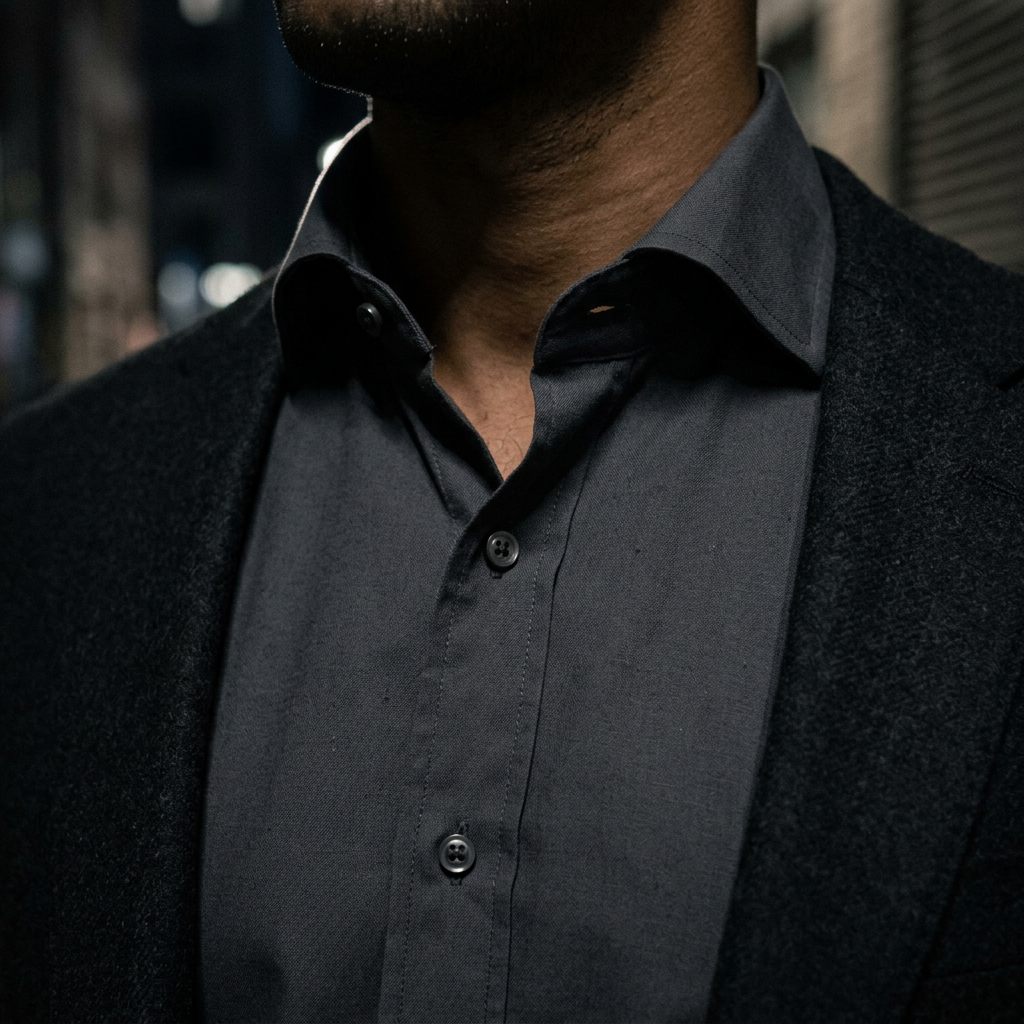 Detalhe de camisa e blazer para noite urbana